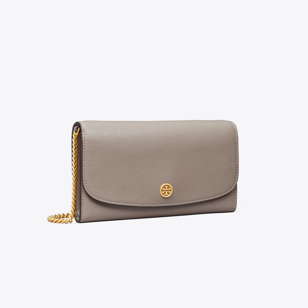 Tory Burch Taupe Leather Clutch with Gold Chain (used twice)